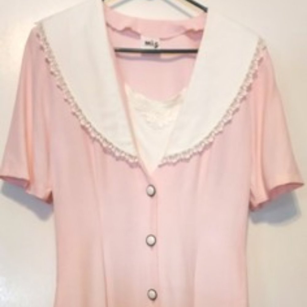 Vintage MIZ Womans Pink Button Up Dress Sz 10 Embroidered Lace Feminine Y2K